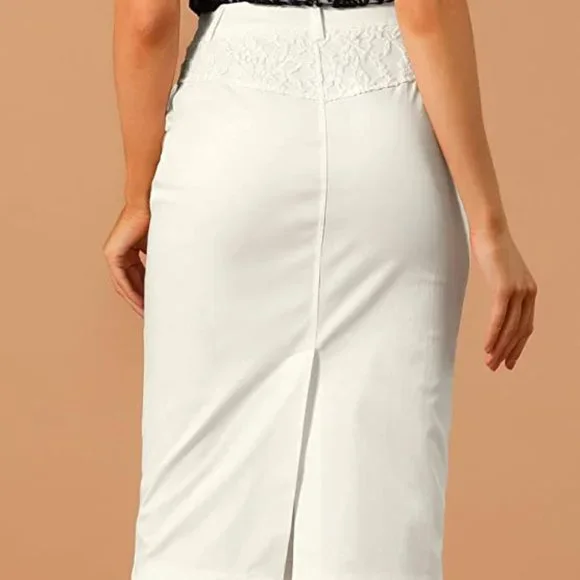 Slim Fit Skirt Casual Lace Panel Slit Office Knee Length Pencil with Pockets (S) - Picture 2 of 8